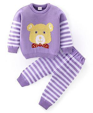 Babyhug Knitted Full Sleeves Sweater Set Teddy Design- Purple