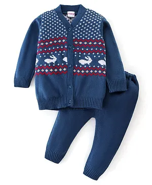 Babyhug Full Sleeves Sweater Set Bunny Design- Navy Blue