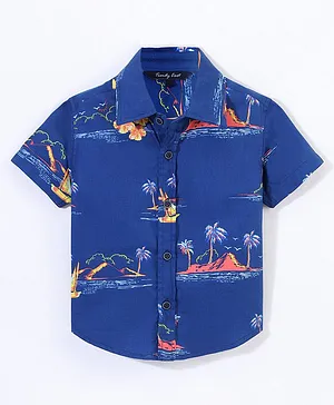 Trendy Cart Sea Life Half Sleeves All Over Beach Side View Printed Shirt - Blue