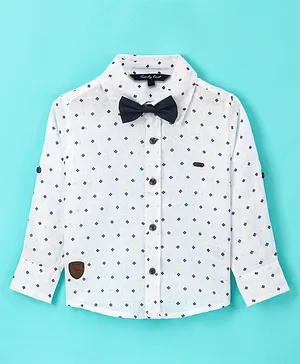 Trendy Cart Full Sleeves Abstract Printed Party Wear Shirt With Bow Tie - White
