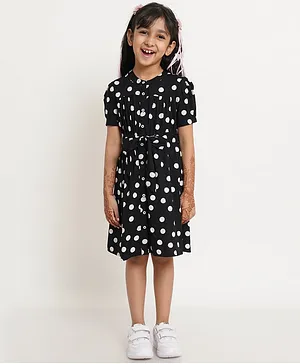 Creative Kids Half Sleeves Polka Dots Printed Gathered A Line Dress - Black & White