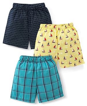 Babyhug Cotton Woven Elasticated Boxers with Checks & Boats Print Pack of 3 - Navy Blue & Yellow