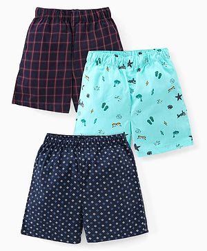 Babyhug Cotton Woven Elasticated Boxers with Checks & Beach Print Pack of 3 - Turquoise & Navy Blue