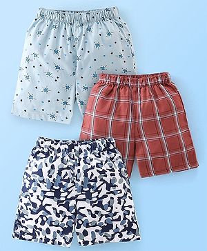 Babyhug Cotton Woven Elasticated Boxers with Checks & Stars Print Pack of 3 - Blue & Brown