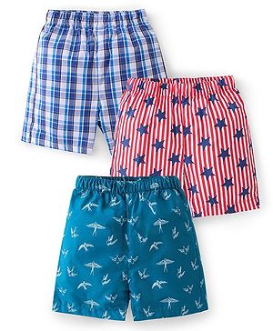 Babyhug Cotton Woven Boxers Checked & Star Print Pack of 3 - Navy Blue & Red