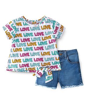 Babyhug 100% Cotton Knit Half Sleeves Top & Denim Shorts Set Text Print - White & Medium Blue