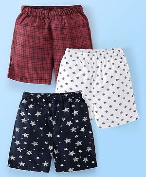 Babyhug Cotton Woven Knee Length Boxers Checks & Star Print Pack of 3 - Maroon White & Black
