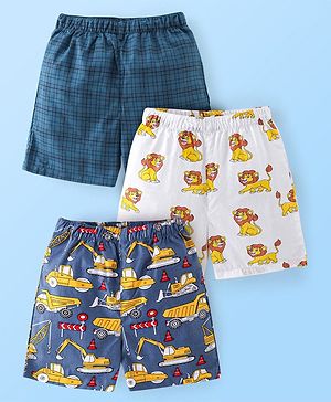 Babyhug Cotton Woven Boxers Print Lion & Text Print Pack of 3 - White & Blue