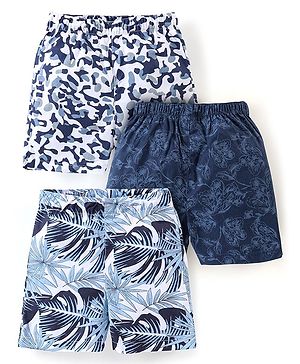 Babyhug Cotton Woven Boxers Camo & Leaf Print Pack Of 3- Blue & White