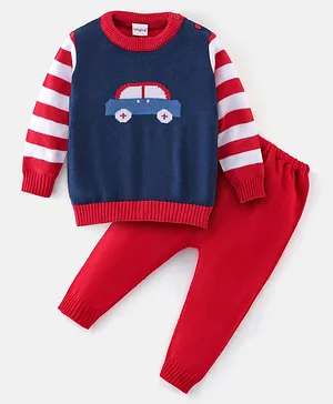 Babyhug Full Sleeves Sweater Set Stripes & Car Design- Red & Navy Blue