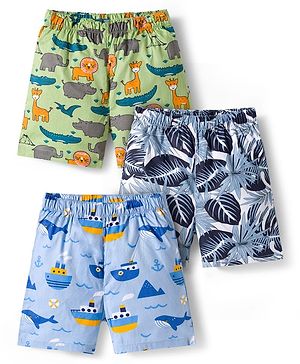 Babyhug Cotton Woven Regular Boxers Jungle Print Pack of 3 - Green & Blue