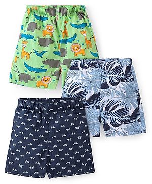Babyhug Cotton Woven Regular Boxers Jungle Print Pack of 3 - Green & Blue