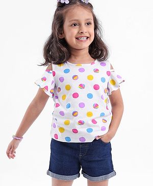 Babyhug 100% Cotton Sleeveless Cold Shoulder Top & Denim Shorts Ball Print - White & Blue