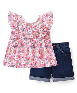 Babyhug 100% Cotton Knit Sleeveless Top and Denim Shorts Set Floral Print - Pink & Blue