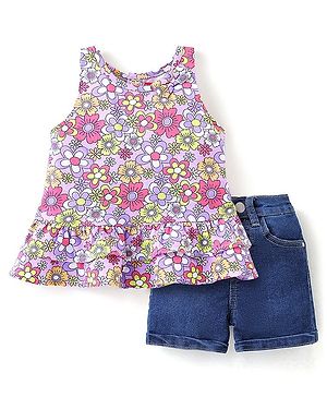 Babyhug 100% Cotton Sleeveless Top & Denim Shorts Set Floral Print- Lilac & Blue
