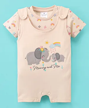 First Smile Interlock Knit Half Sleeves Tee & Romper Set With Text Print & Elephant Embroidery - Peach & White