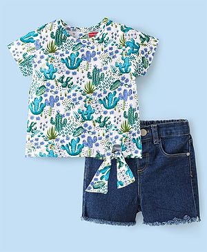 Babyhug 100% Cotton Knit Half Sleeves Top and Denim Shorts Set Floral Print - White & Blue