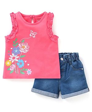 Babyhug 100% Cotton Sleeveless Top & Denim Shorts Set Floral Print- Pink & Blue