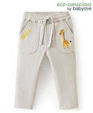 Babyoye 100% Cotton Woven Eco Jiva Full Length Trouser Giraffe Embroidery - Grey