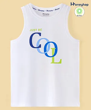 Honeyhap 100% Cotton Sleeveless T-Shirt with Bio Finish Text Print - Bright White