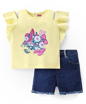 Babyhug 100% Cotton Knit Sleeveless Top and Denim Shorts Set Floral Print - Yellow & Blue