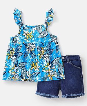 Babyhug 100% Cotton Knit Sleeveless Top & Denim Shorts Set Floral Print - Blue