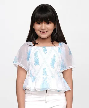 AND Girl Half Sleeves Floral Printed Peplum Style Smocked Top - White