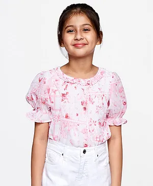 AND Girl Half Sleeves Ruffled Detailed Floral Printed Top - Pink
