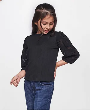 AND Girl Three Fourth Lace Embroidered Sleeves Top - Black