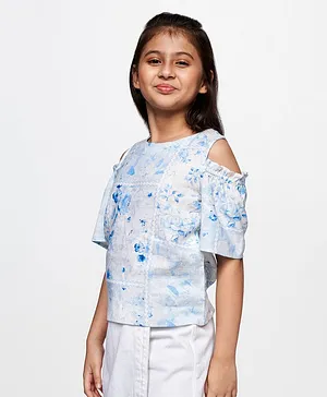 AND Girl Cold Shoulder Half Sleeves Floral Printed Top - Blue