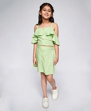 AND Girl Cold Shoulder Half Sleeves Solid Top With Skirt - Green