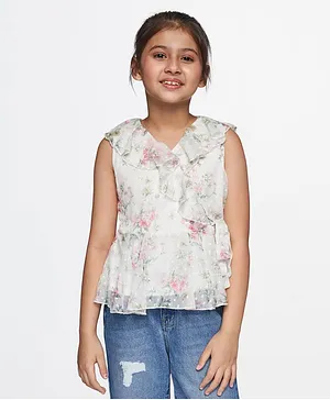 AND Girl Sleeveless Vintage Floral Printed & Flounce Detailed Dobby Work Embellished Top - White