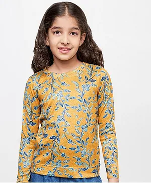 Global Desi Girl Full Sleeves Seamless Floral Swirl Printed Top - Mustard Yellow