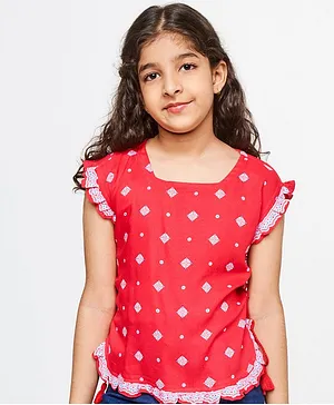 Global Desi Girl Short Frill Sleeves Diamond Block Motif Printed Top - Pink