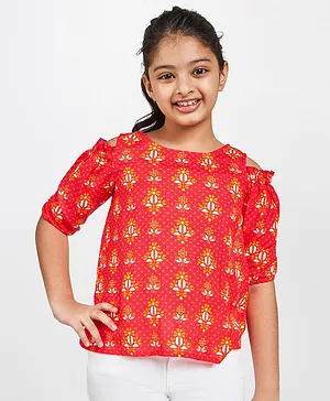 Global Desi Girl Cold Shoulder Sleeves Motif Printed Top - Red