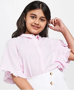 Global Desi Girl half Flutter Sleeves Candy Pin Striped Top - Baby  Pink & White