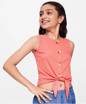 Global Desi Girl Sleeveless Solid & Ribbed Front Tie Up Button Down Top - Peach