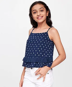 Global Desi Girl Sleeveless All Over Motif Printed & Lace Embellished Frill Detailed Top - Blue