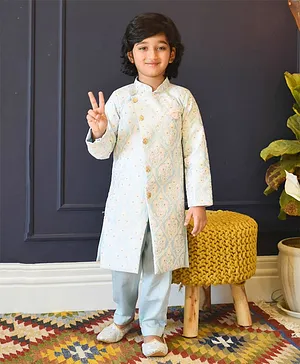 Fayon Kids Blue Embroidery Achkan and Pant for Boys