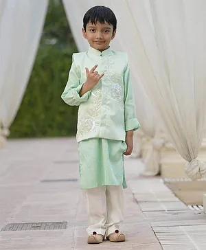 Fayon Kids Green Sequins Embroidery Jacket and Kurta Pant for Boys