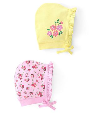 Babyhug 100% Cotton Cap With Tie Knot Floral Print Pack Of 2- Yellow & Pink