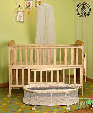 Babyhug Kelly Wooden Cot with Detachable Bassinet & Mosquito Net  Natural| Adjustable Height| Wheels for Easy Movement| Easy to Assemble| Foldable Side Rail| Foldable Table|  Storage Space