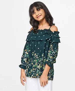 Global Desi Girl Cold Shoulder Sleeves Floral Printed Ruffled Layered Top - Dark Green