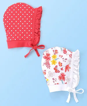 Babyhug 100% Cotton Tie Knot Caps Polka Dots & Butterfly Printed - White & Pink