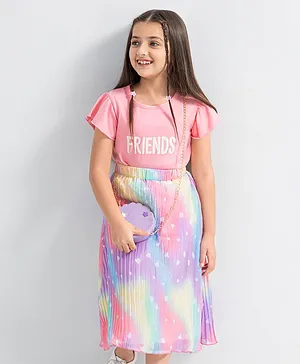 Ollington St. 100% Cotton Knit Half Sleeves Top with Georgette Pleated Skirt Friends & Heart Print - Pink