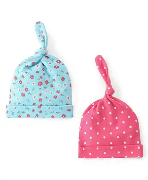 Babyhug 100% Cotton Knit Caps Floral & Polka Dot Print Pack of 2 Blue - Blue & Pink