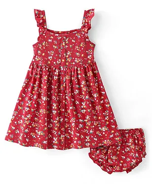 Babyhug 100% Cotton Knit Sleeveless Frock with Bloomer Floral Print - Red