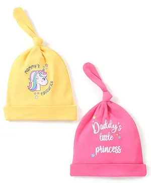Babyhug 100% Cotton Knit Caps Unicorn Print Pack of 2 - Pink & Yellow