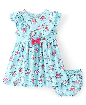 Babyhug 100% Cotton Knit Sleeveless Frock & Bloomer With Floral Print  - Blue