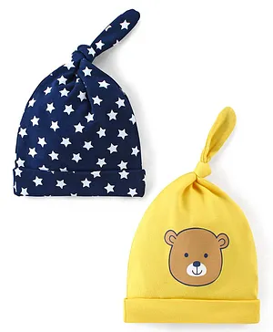 Babyhug 100% Cotton Caps Stars & Bear Print Pack of 2- Blue & Yellow